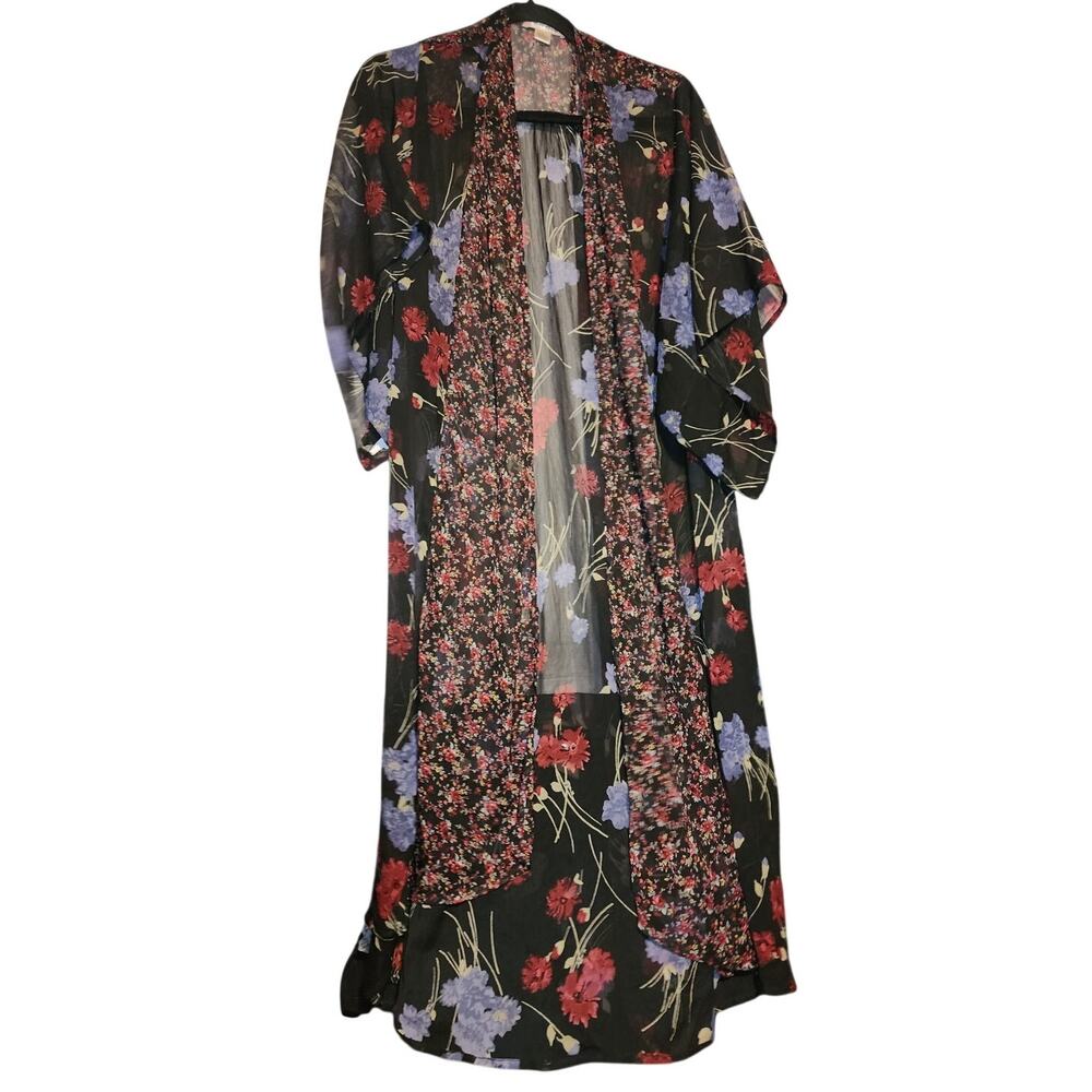 Band of gypsies Long Black Floral Cover Up Semi Sheer Duster Kimono Size Small